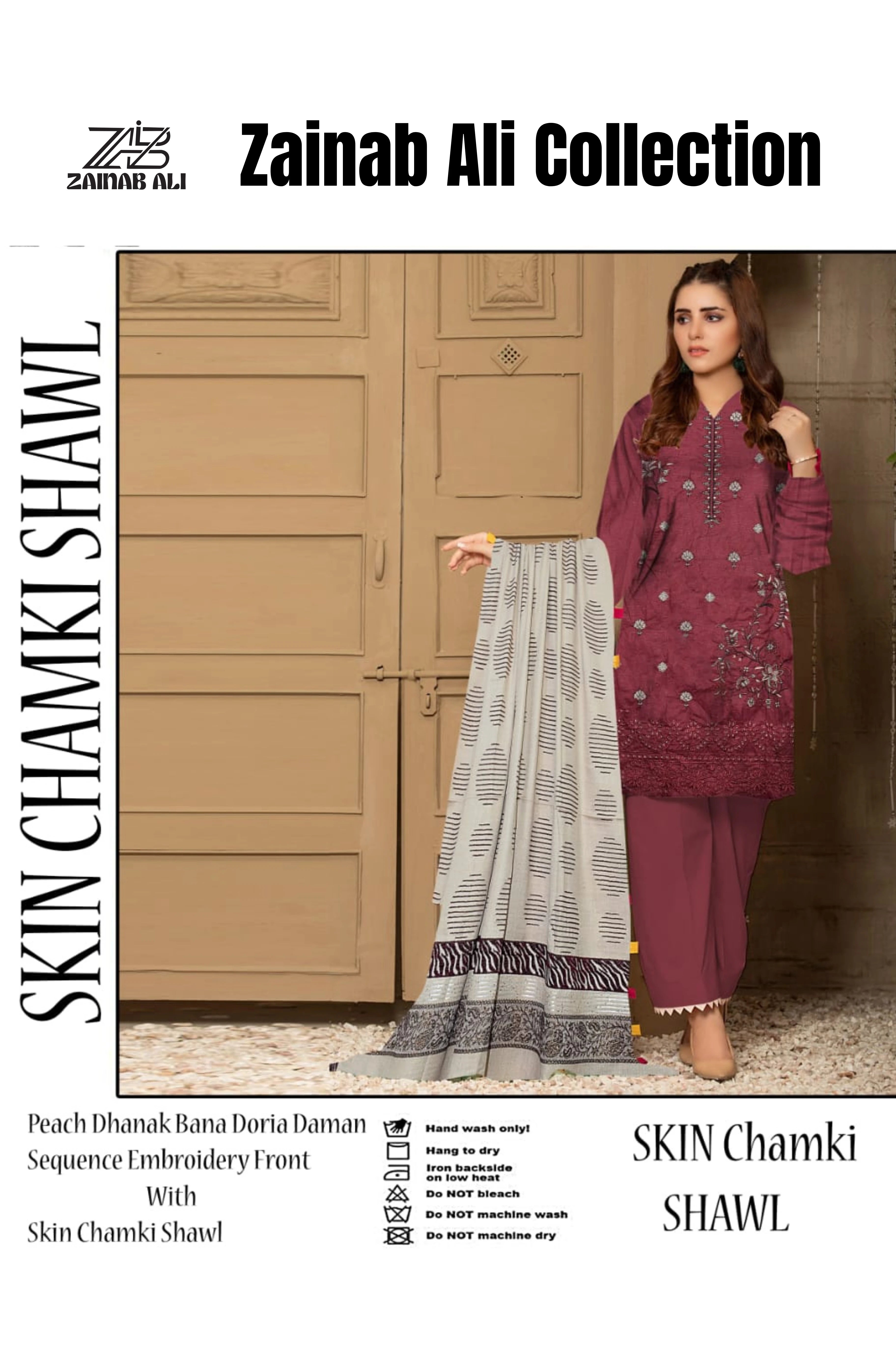 3 Piece Dhanak Bana Doria Embroidery Front with Chamki Shawl ZR-1292-WC