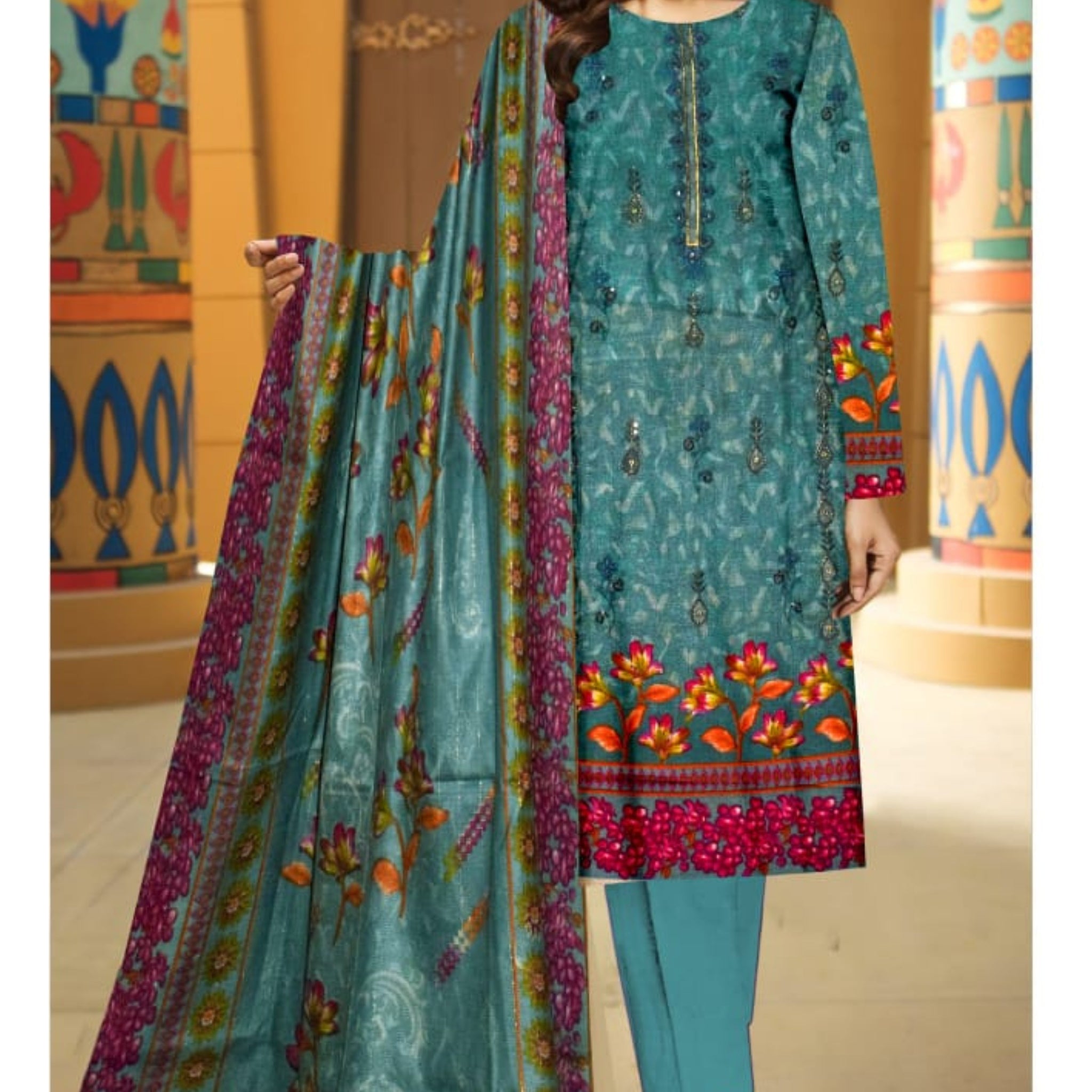 3 Piece Dhanak 2 Head Embroidery Zari Dupata ZR-1304-WC
