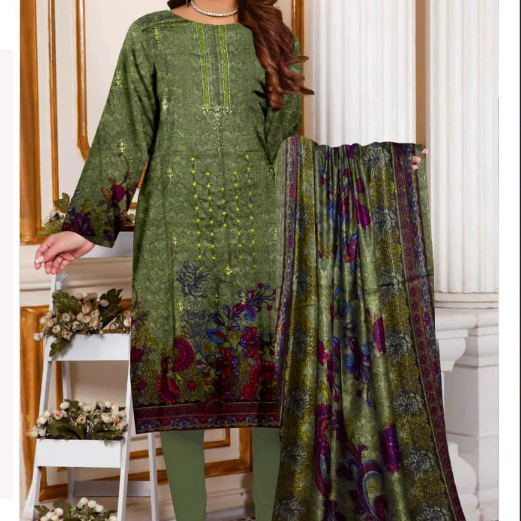 3 Piece Dhanak 2 Head Embroidery Zari Dupata ZR-1295-WC