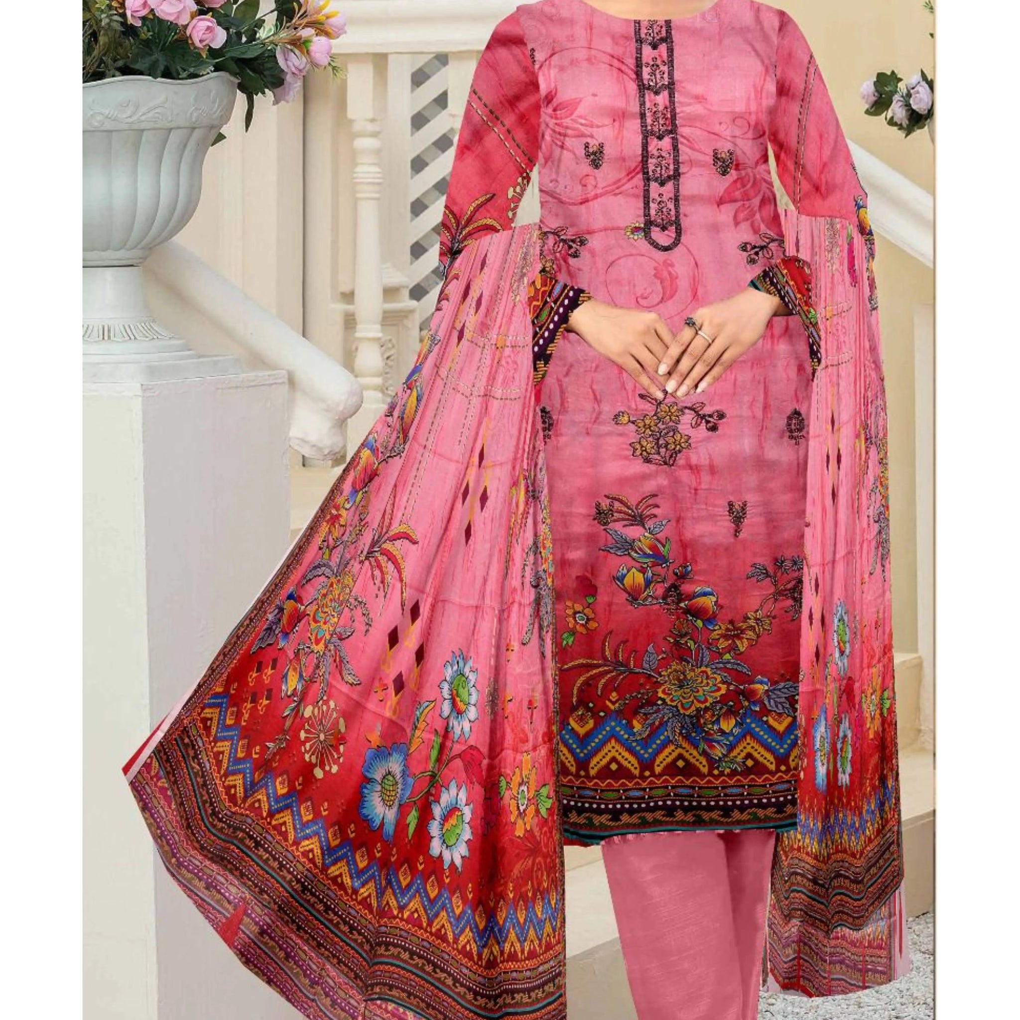 3 Piece Linuen Embroidery with Tussal Lace Dupatta ZR-1305-WC