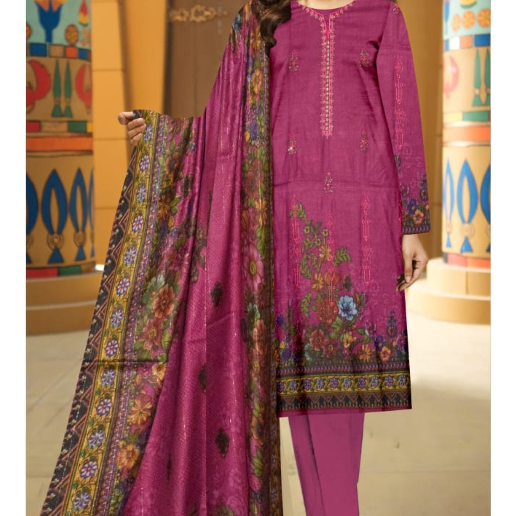 3 Piece Dhanak 2 Head Embroidery Zari Dupata ZR-1303-WC