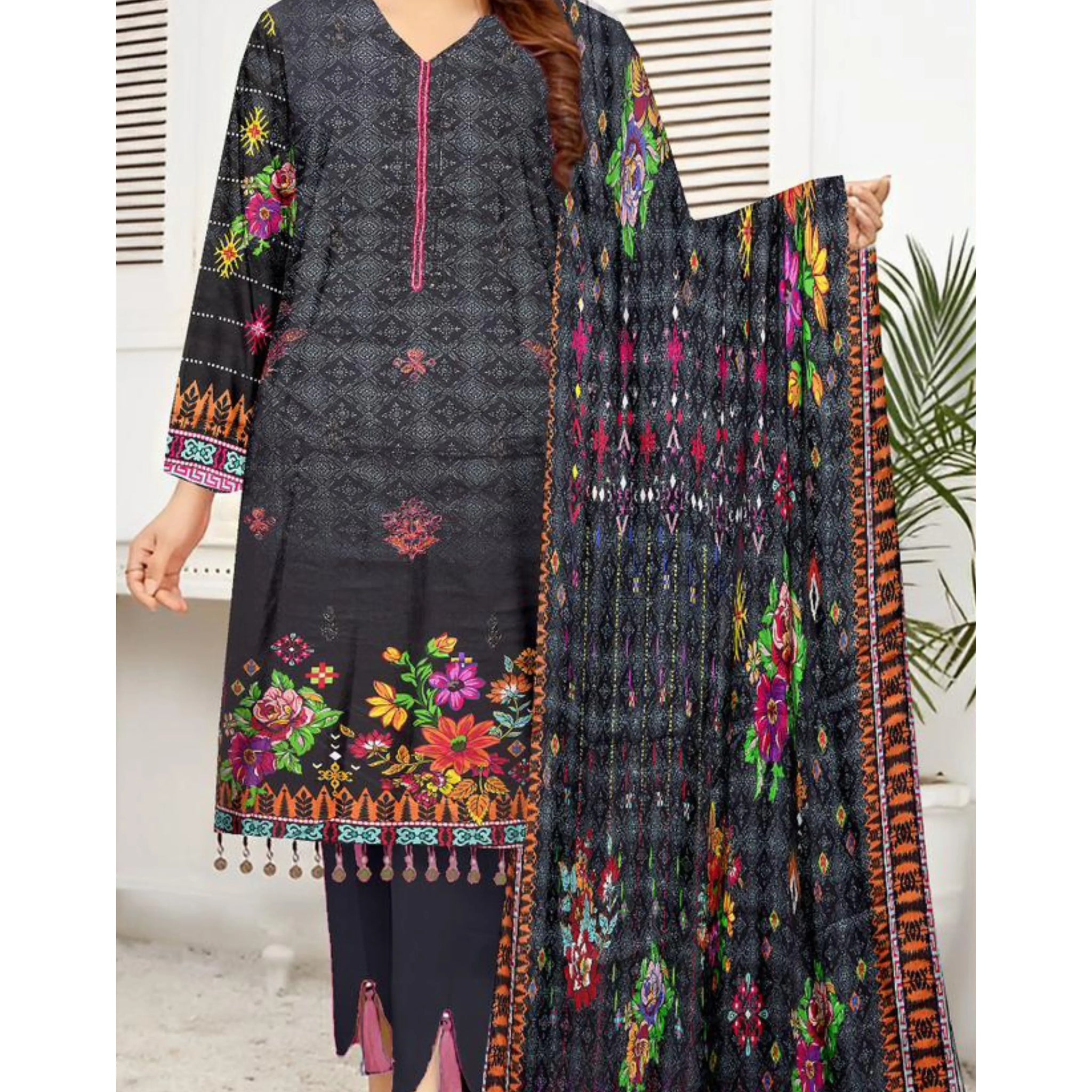 3 Piece Linuen Embroidery with Tussal Lace Dupatta ZR-1307-WC