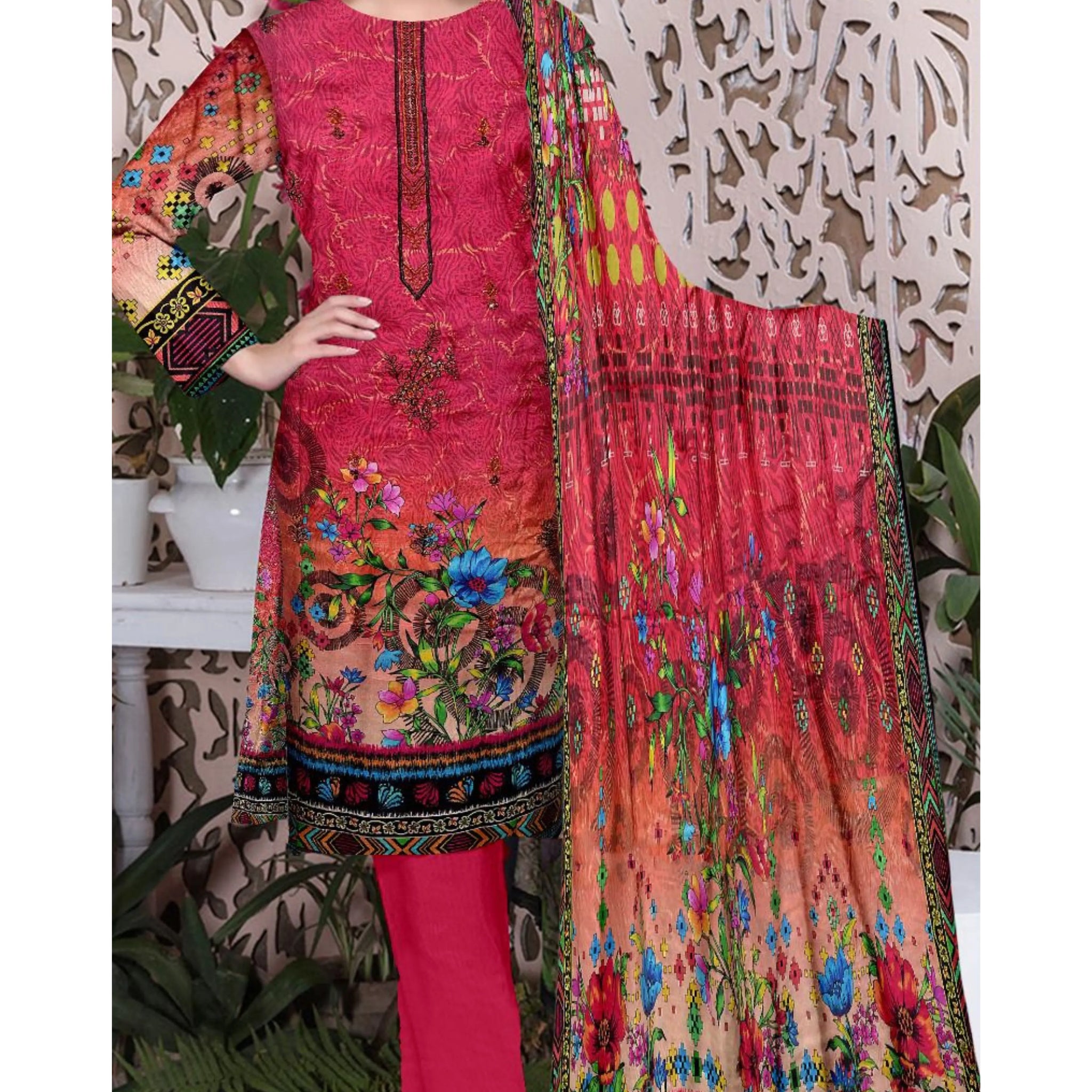 3 Piece Linuen Embroidery with Tussal Lace Dupatta ZR-1310-WC