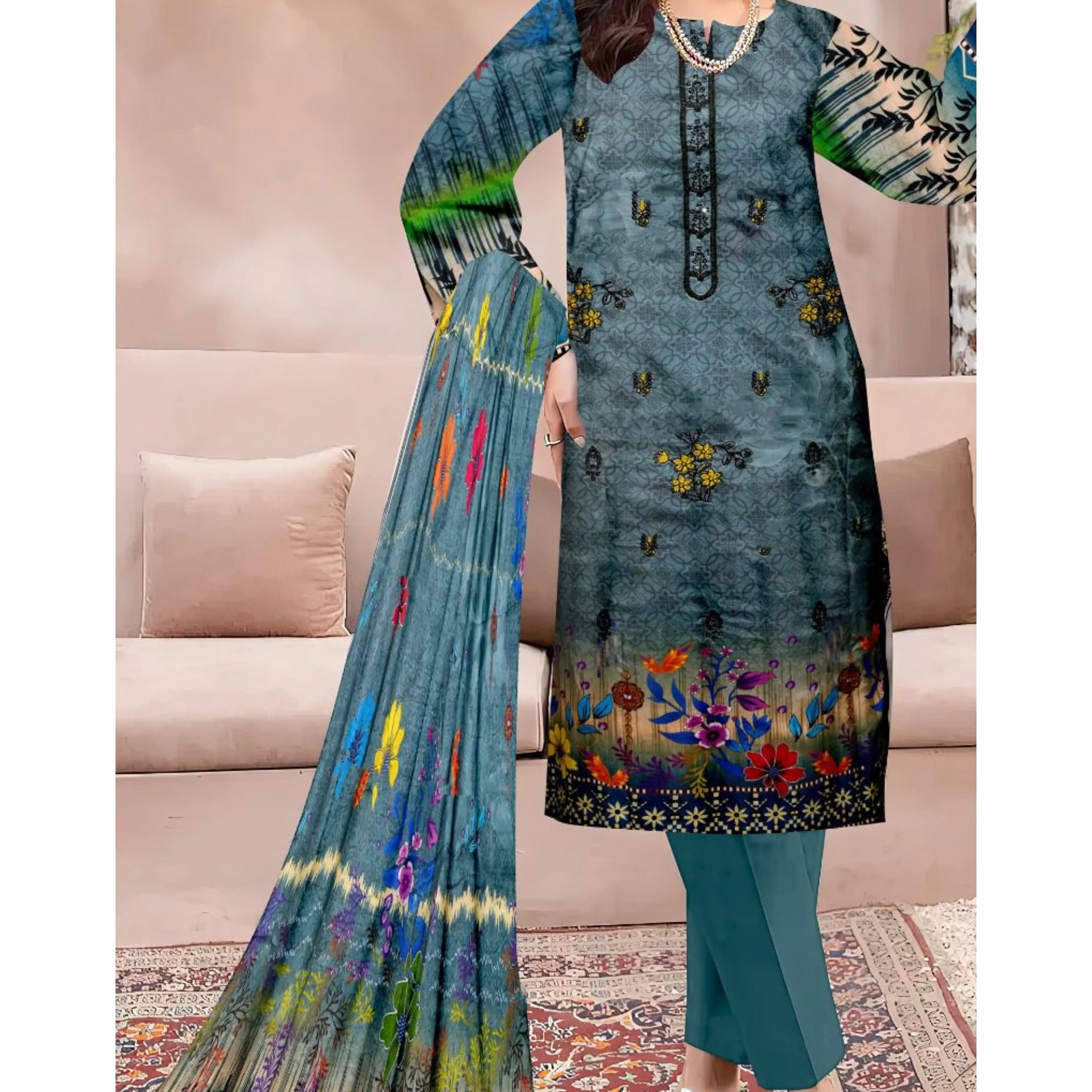 3 Piece Linuen Embroidery with Tussal Lace Dupatta ZR-1309-WC