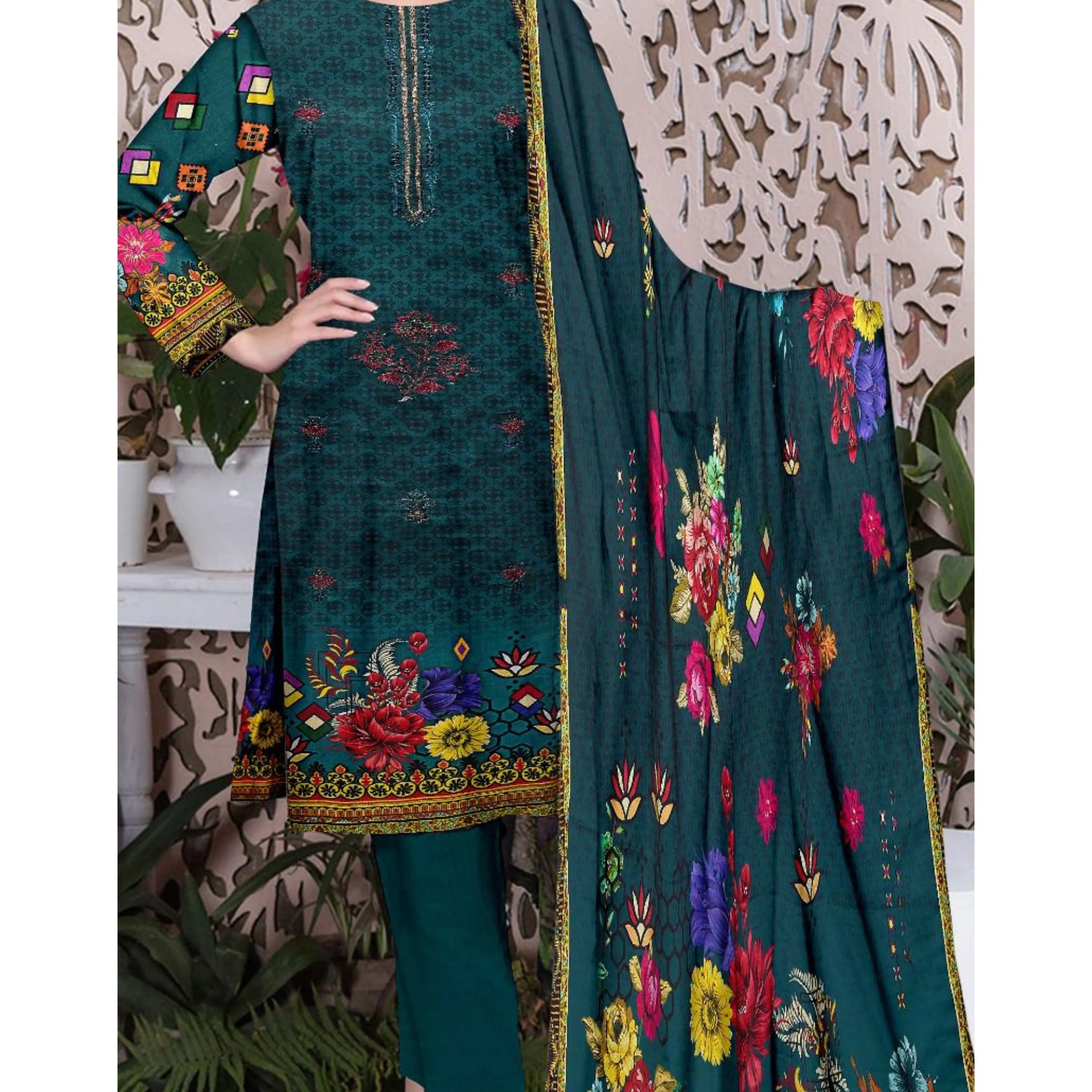 3 Piece Linuen Embroidery with Tussal Lace Dupatta ZR-1308-WC