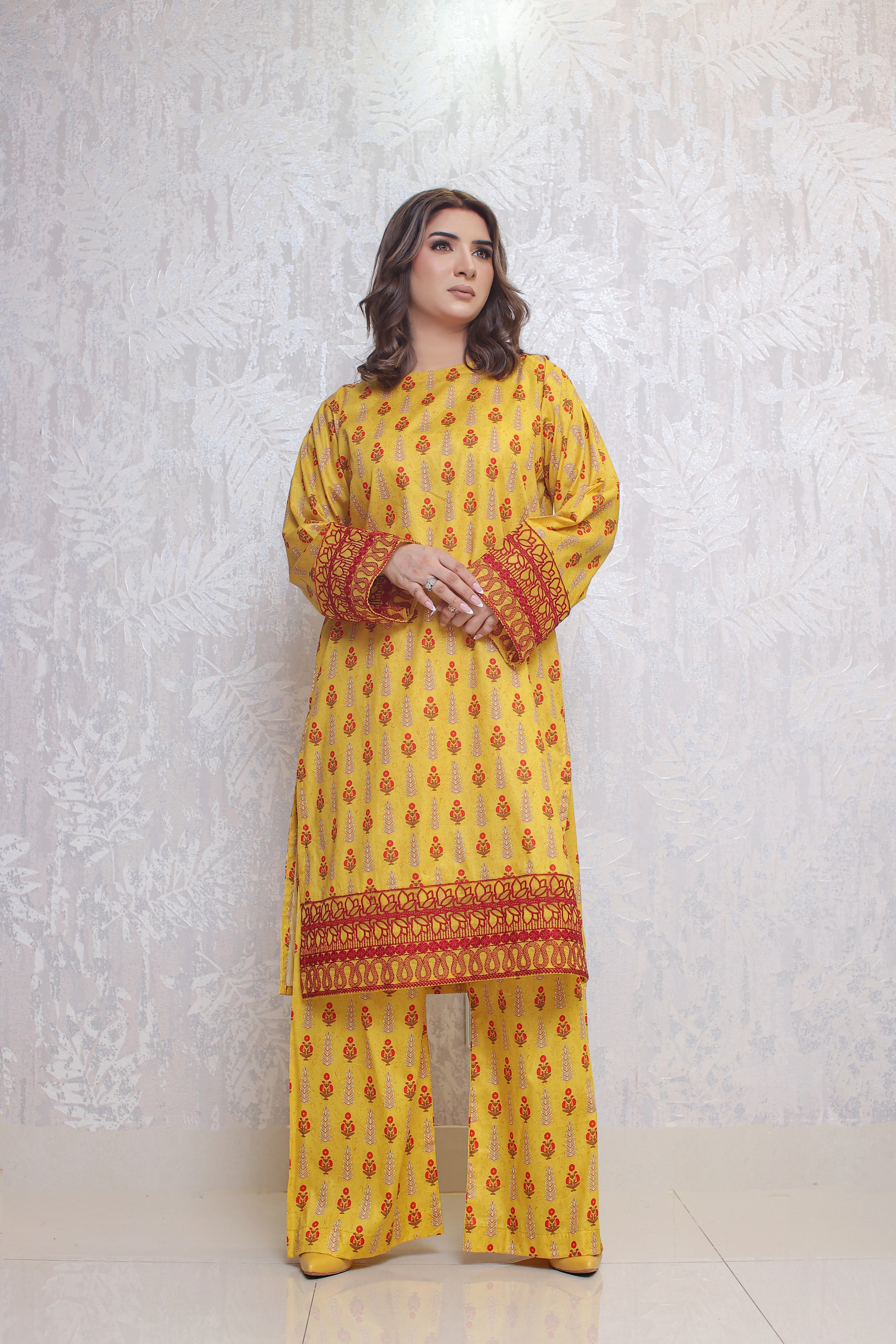 2 Piece - Yellow color soft lawn All Over Print Embroidery front | ZB1003-SM