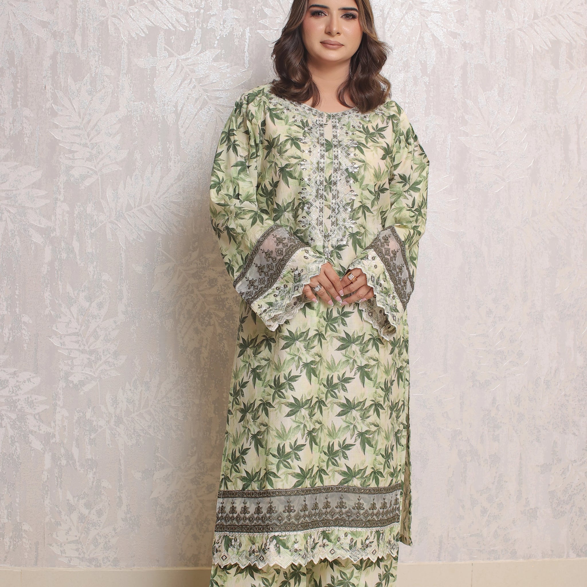 2 Piece - Floral Green Bana Doria Suit | ZB1019-SM