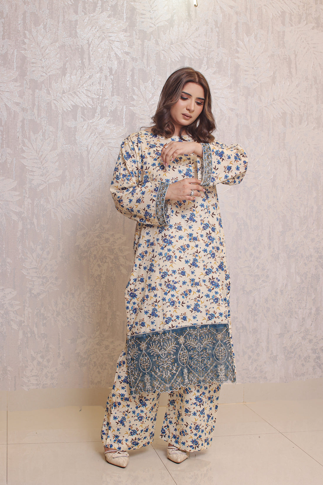 2 Piece - Off White Beige Printed With Border Soft Lawn | ZB1023-SM