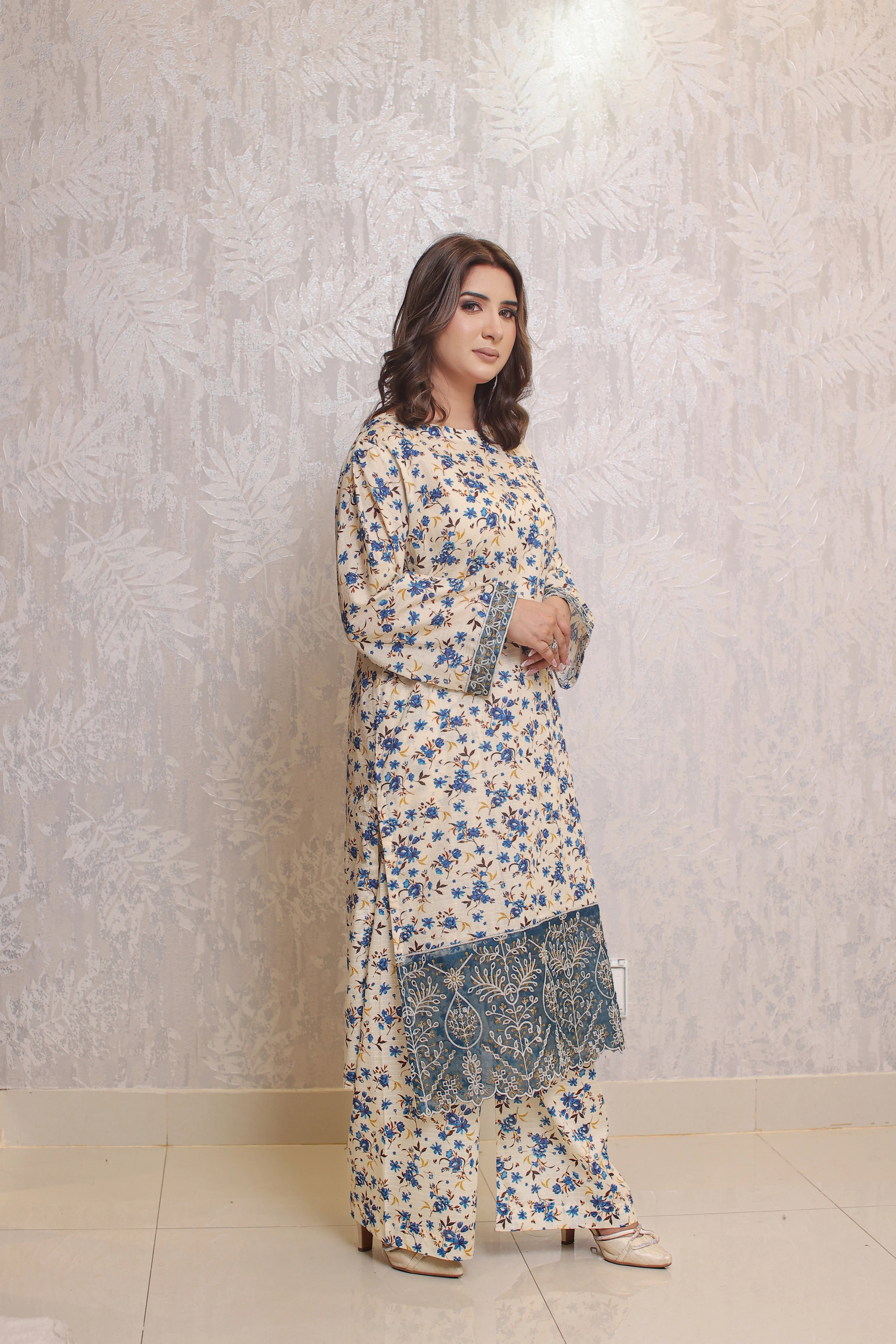 2 Piece - Off White Beige Printed With Border Soft Lawn | ZB1002-SM