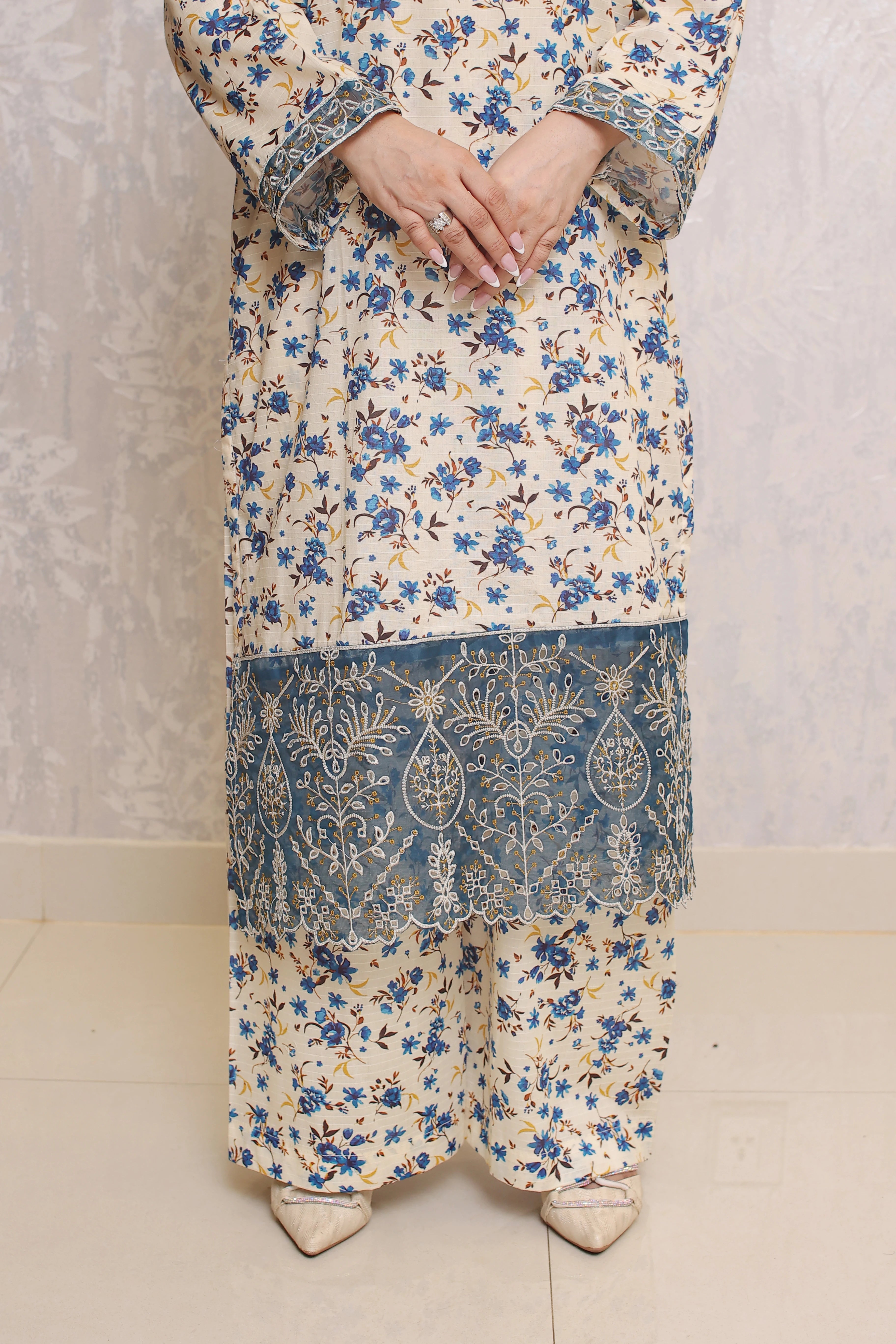 2 Piece - Off White Beige Printed With Border Soft Lawn | ZB1002-SM