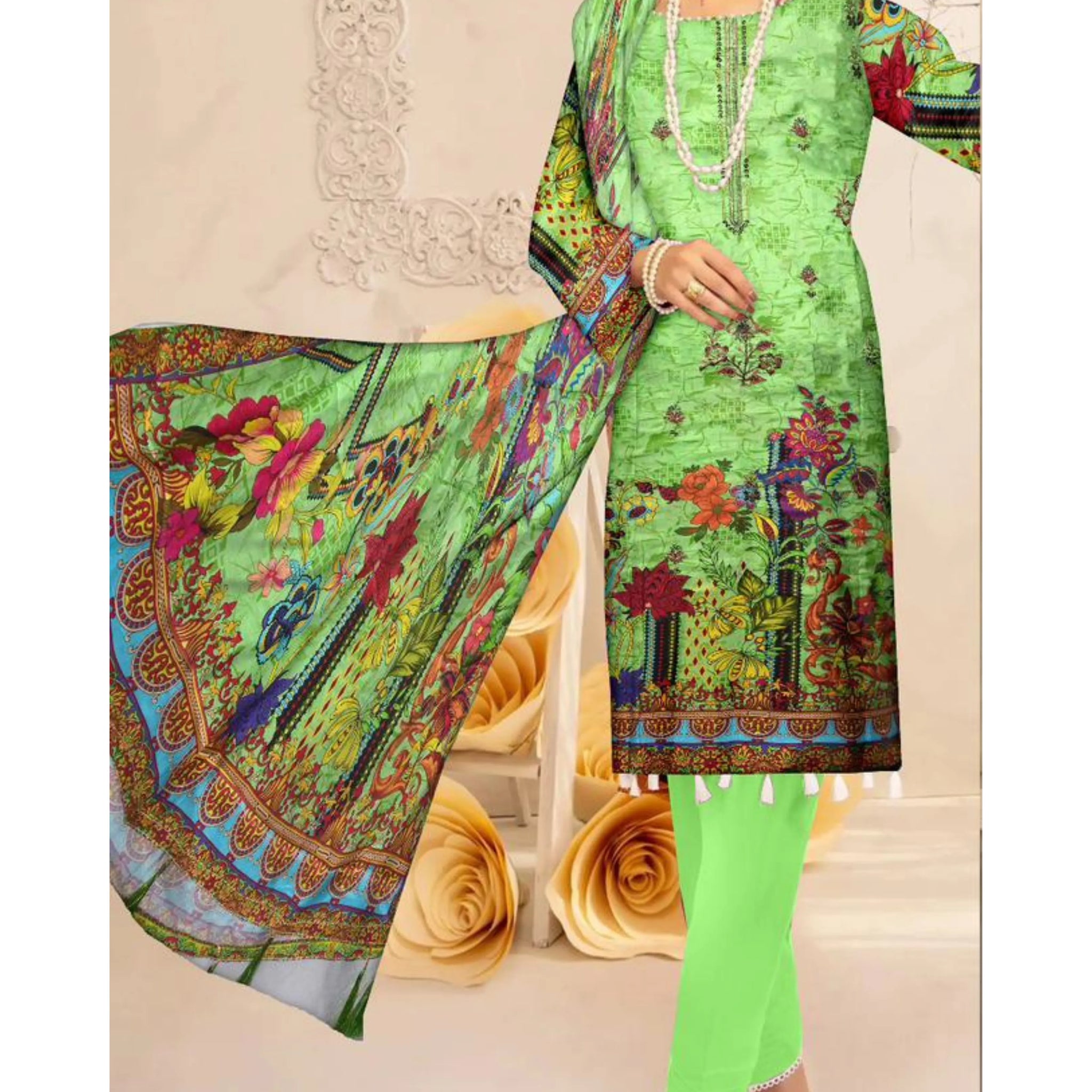 3 Piece Linuen Embroidery with Tussal Lace Dupatta ZR-1311-WC