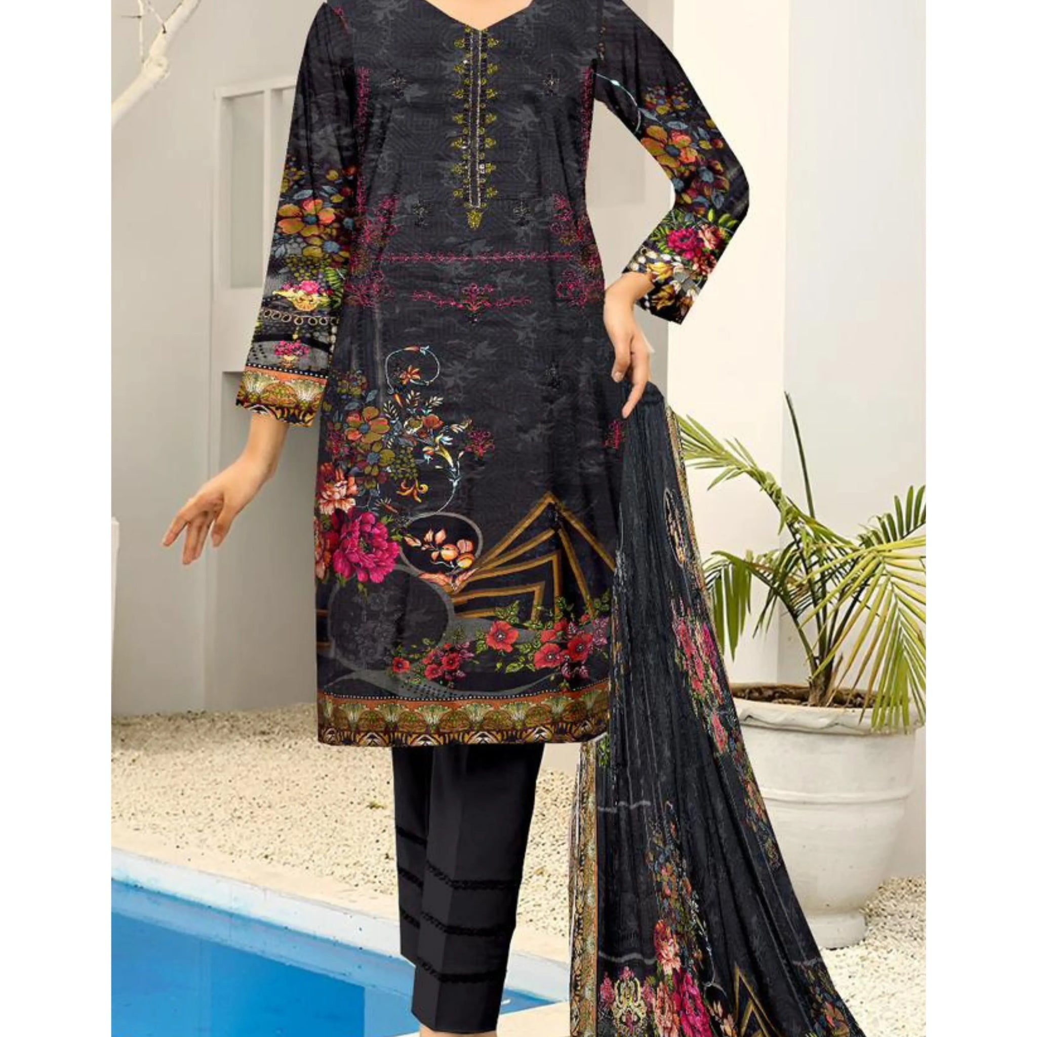3 Piece Linuen Embroidery with Tussal Lace Dupatta ZR-1312-WC