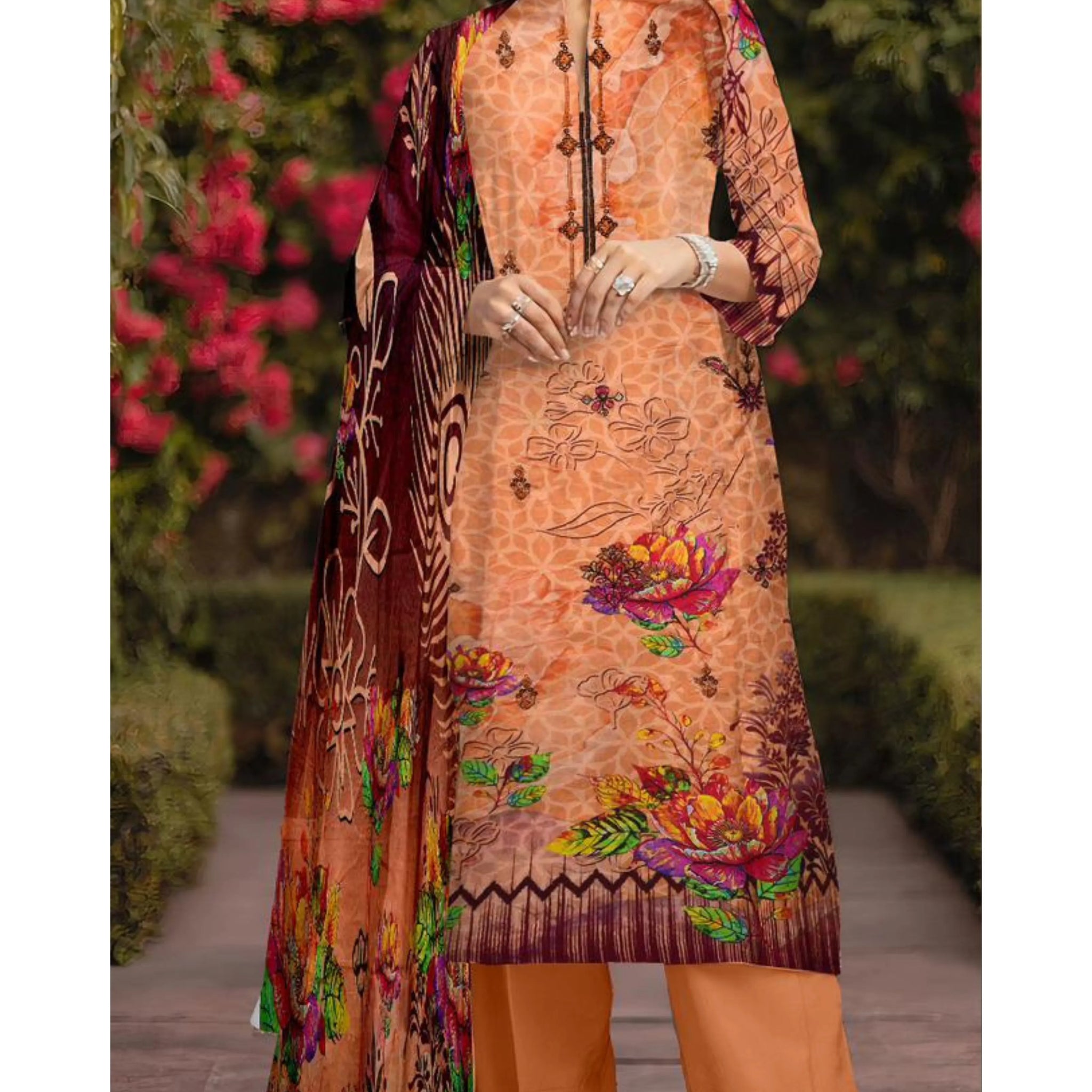 3 Piece Linuen Embroidery with Tussal Lace Dupatta ZR-1313-WC