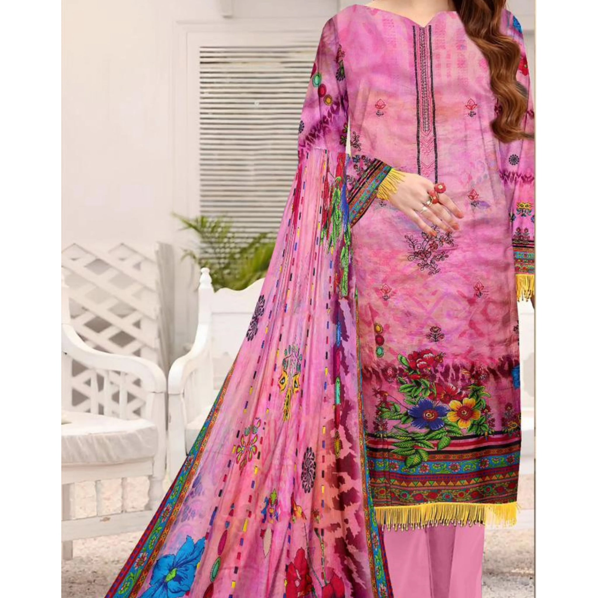 3 Piece Linuen Embroidery with Tussal Lace Dupatta ZR-1314-WC
